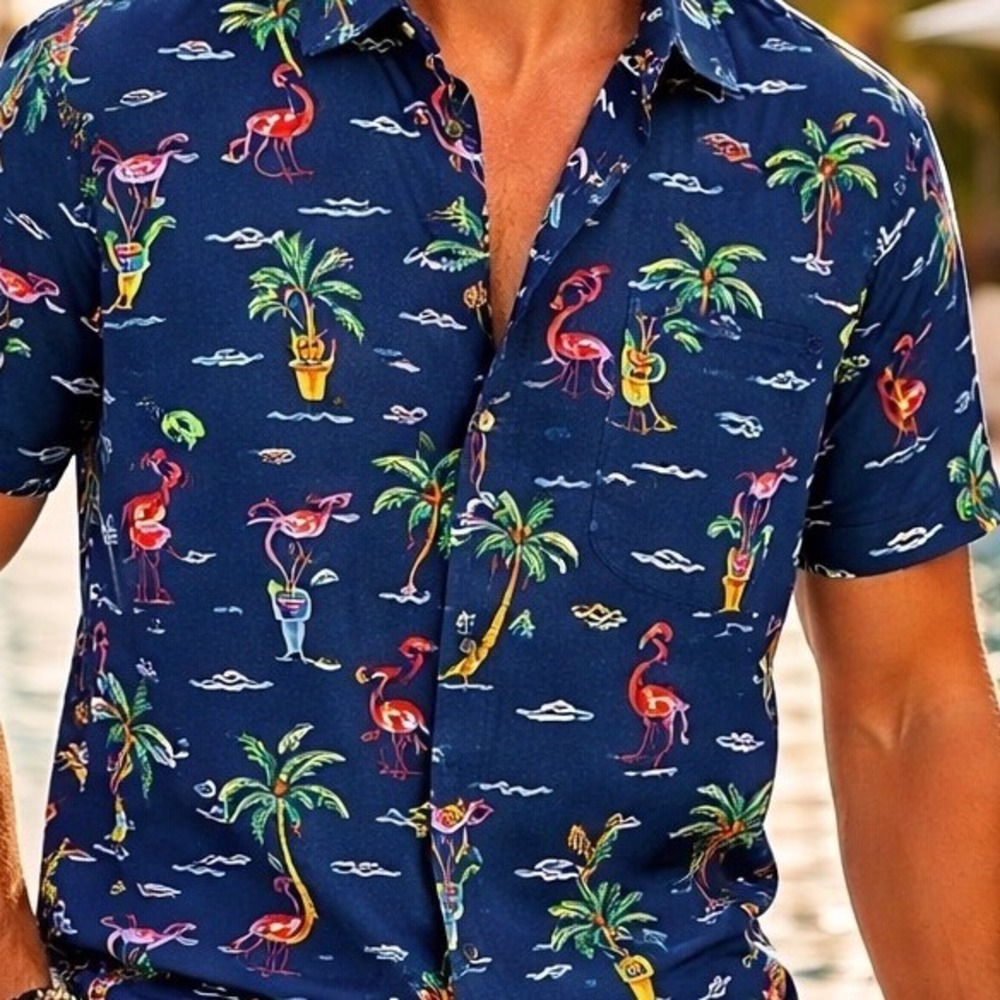 Chubbies Mens Navy Blue Neon Flamingo Palm Tree Tropical Button Down Shirt XL